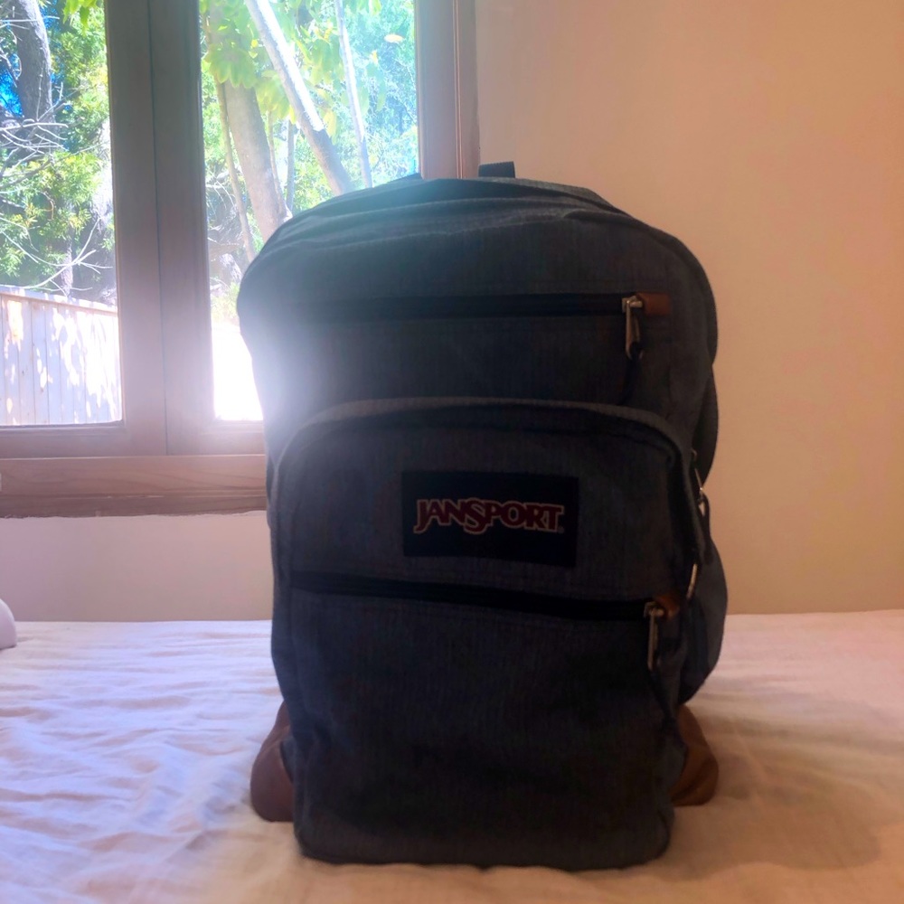 Jansport Navy Blue & Brown Leather Bottom Multi Pocket Large Backpack